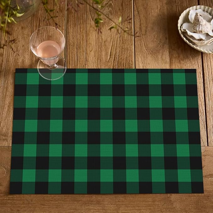 Artoid Mode Buffalo Plaid Vinyl Placemats Set of 4, 12x18 Inch Washable Non-Slip Heat Resistant Plastic Place Mats for Party Dining Table, Black/Green