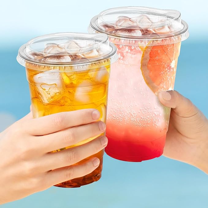 20 oz 100 Pack Clear Plastic Cups with Lids, Sturdy Iced Coffee Cups with Sip Lids, Disposable Food Safe Smoothie Cup for Cold Drinks, Juice, Milkshake