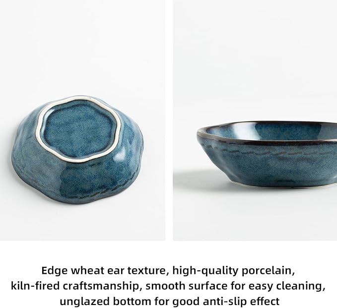 4.4Oz Kiln-Changed Dipping Bowls, 4.3 Inches Ceramic Flower-Shaped Soy Sauce Dishes, Small Appetizer/Side Plates Set of 4 (blue)