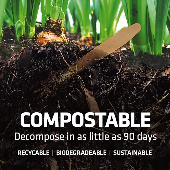 Disposable Wooden Cutlery Set - 100% Home Compostable - Wooden Utensils, Eco-Friendly, Organic, Sustainable and Carbon Neutral Certified - Fork, Knife, Spoon & Napkin - 150