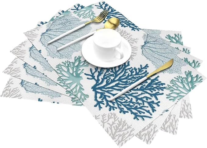 Placemats Set of 4 Nautical Blue Coral Place Mats Coastal Teal Beige Coral Woven Table Mats Washable Ocean Theme PVC Placemat for Dining Kitchen Decor Indoor Outdoor, 12 x 18 Inch