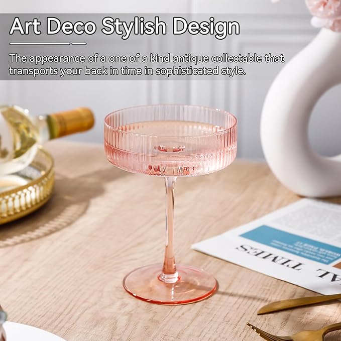 9 oz Pink martini glasses Vintage Art Deco Blush Pink Coupe Glasses Set of 6 Pink Ribbed Cocktail Glasses for Espresso Martini, Champagne,Cosmopolitan,Manhattan,Cocktail