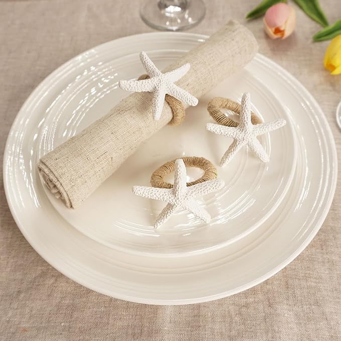 Starfish Napkin Rings Set of 6, White Sea Star Napkin Ring Holders for Crafts, Beach, Dinner Party, Wedding, Theme Party, Banquet, Nautical, Coastal Table Decor