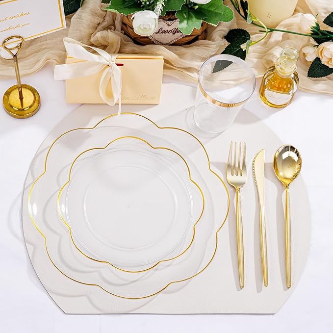 EI 180pcs Clear and Gold Plastic Plates with Plastic Silverware,Dinnerware Plate Set for Party,Disposable Plates Heavy Duty Clear Gold Cups for Wedding,Birthday,Spring Afternoon Tea