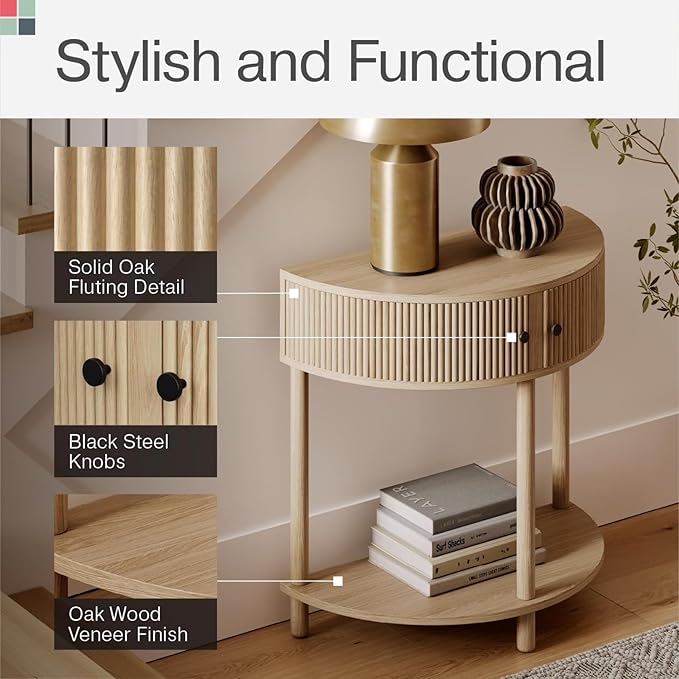 Fluted Half Moon Shaped Console Table, Small Entry Desk, Living Room Furniture, Modern Home Decor, Solid Wood Entryway Table with Two Doors and Black Knobs (Natural Oak)