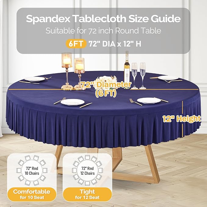 6 Pack Navy Blue Spandex Round Tablecloths for 72in Table, Stretchy Fitted 6FT Round Table Cloths, Wrinkle Free Table Cover with Skirt for Wedding Birthday Party Bridal Shower Banquet