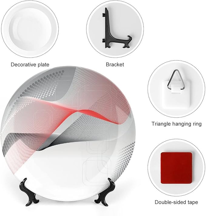Decorative Plates, Abstract Print Ornament, Modern Geometric Squares Dots Curves Waves, 10 Inch, 1 Plate with 1 Display Stand, Red Grey Black