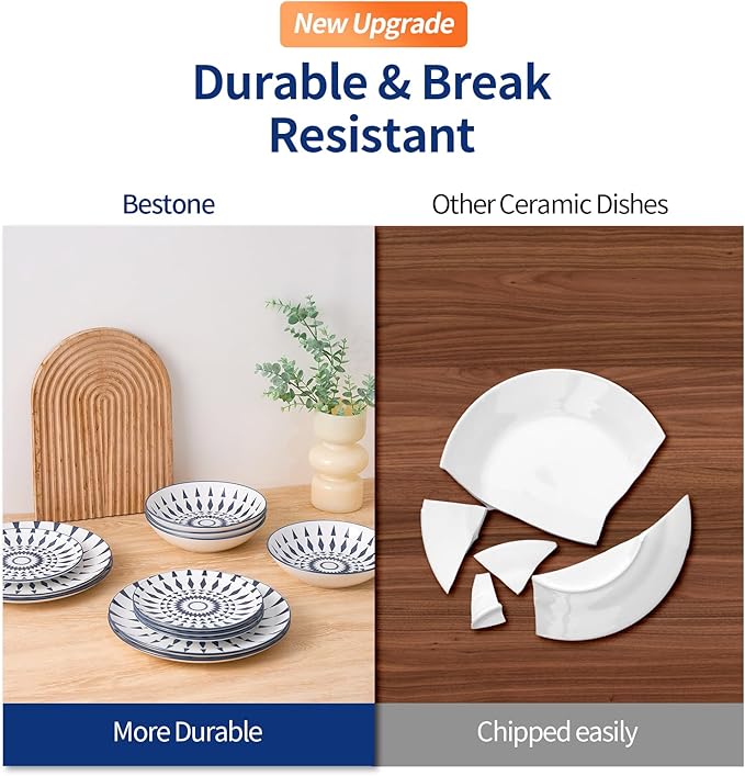 Bestone 12-Piece Round Porcelain Dinnerware Set, Service for 4, Chip Resistant Plates and Bowls,Blue, Dishwasher & Microwave Safe for Home Daily Use