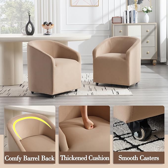 Modern Barrel Dining Chairs with Rolling Casters Set of 4, Upholstered Velvet Swivel Dining Room Chairs with Wheels for Kitchen Living Room Home Office, Khaki