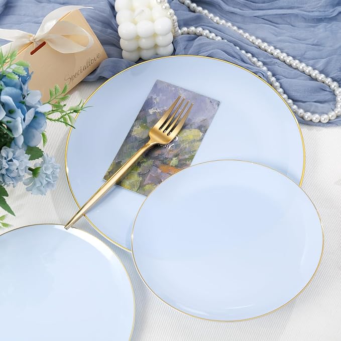 PULOTE 100PCS Blue Plastic Plates - Disposable Light Blue Include 50 Dinner & 50 Dessert/Salad Plates for Party, Wedding & Easter