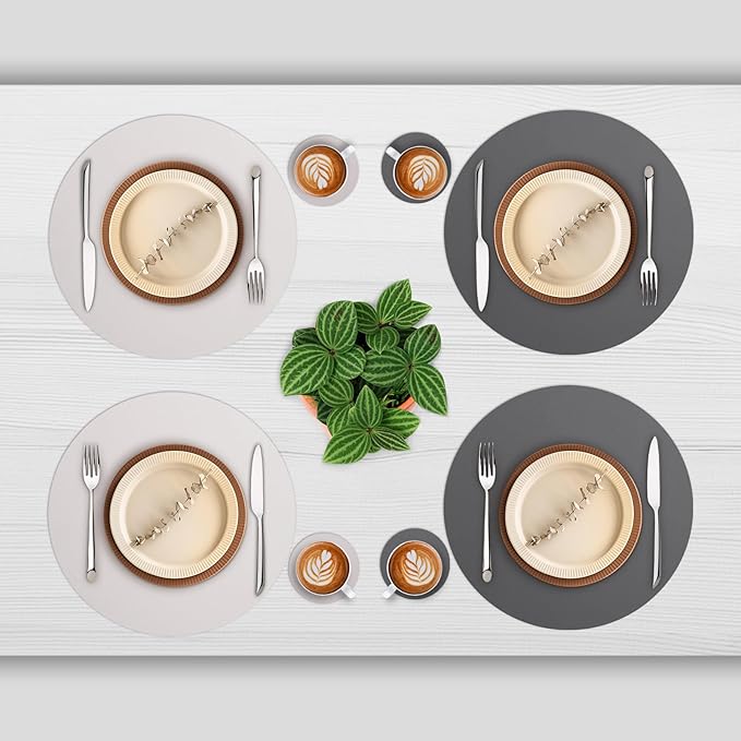 Myir JUN Round Placemats Set of 6 Faux Leather Place Mats and Coasters 15 inch Round Table Mats Dual Sided Non-Slip Stain Resistant Placemats (Gray & Beige, Set of 6)