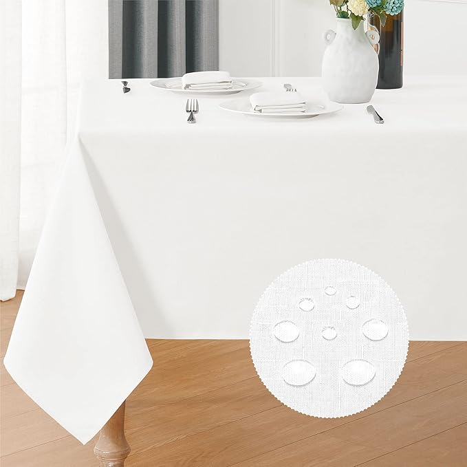 Rectangle 10 Feet Tablecloth 60x144 inch Linen Textured Table Cloth Stain and Wrinkle Resistant Washable Polyester, Decorative Table Cover Waterproof for Dining, Buffet and Camping, White