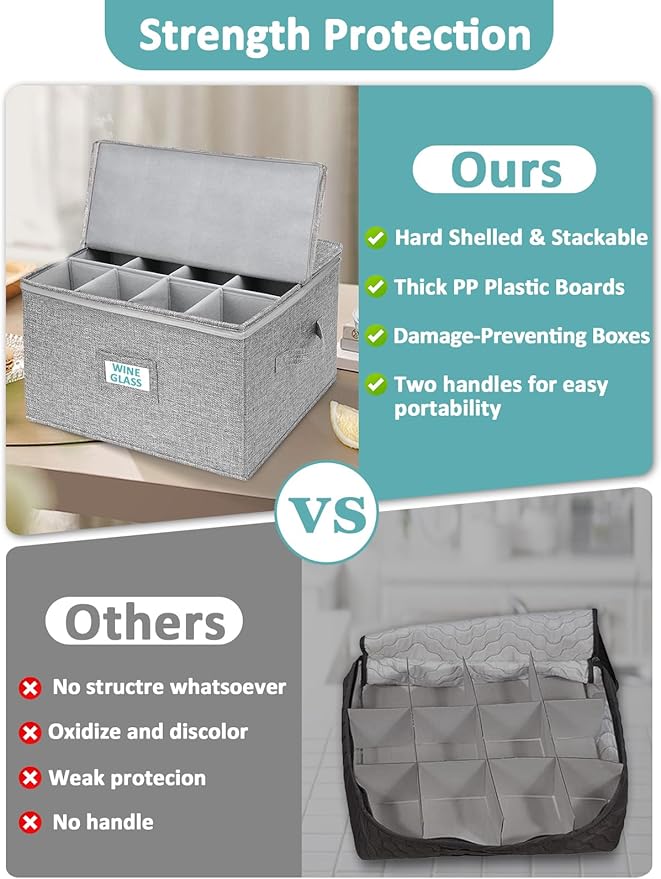 Cirhy Wine Glass Storage Box Hard Shell, 10'' Tall Stemware Storage Containers for Moving, Holds 24 Crystal Glasses & Flutes, Stackable Glassware Chest with Dividers, Grey (2-Pack)