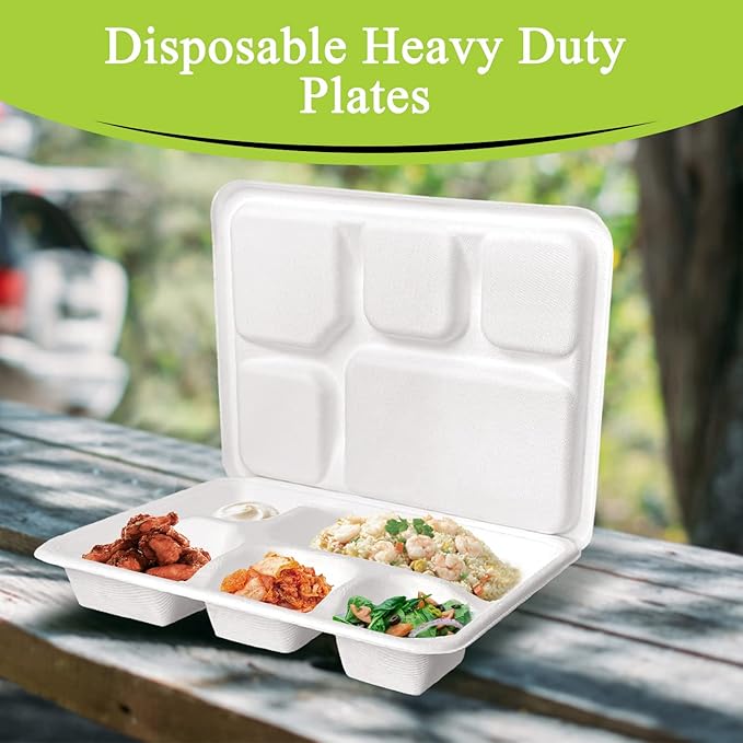three leaf 5 COMPARTMENT MEAL TRAY WITH LID SET, 25 SETS. Heavy-Duty- Super Strong- Natural- Eco-Friendly Disposable Bagasse Plates with lid, 100% Biodegradable Plates
