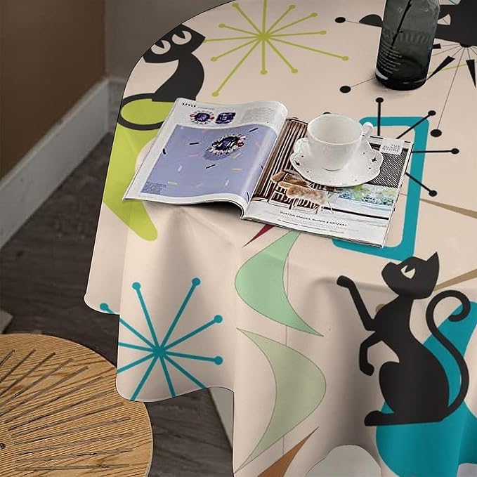 Mid Century Black Cat Round Tablecloth, Bohemian Modern Colorful Abstract Geometric Retro Art Bohemian Tablecloth for Home Party Dining Room Kitchen Decor 36Inch(90cm)