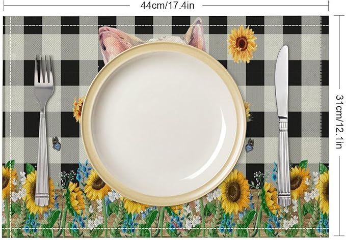 Rustic Pig Placemat Set, Vintage Farmhouse Cute Animal Sunflower Floral Black White Plaid Blue Bowknot Pattern Home Decor Table Mats for Dining Room Kitchen Party (17x12in) x6P