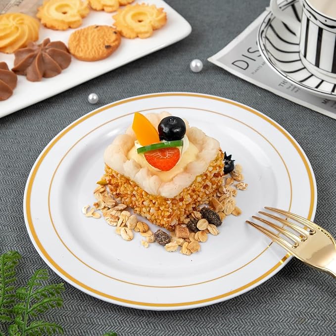 WELLIFE 120 PCS Plastic Dessert Plates and 120 PCS Forks, 6.3 inch Disposable Salad Plate, Premium White Appetizer Plates with Gold Rims Perfect for Party and Wedding