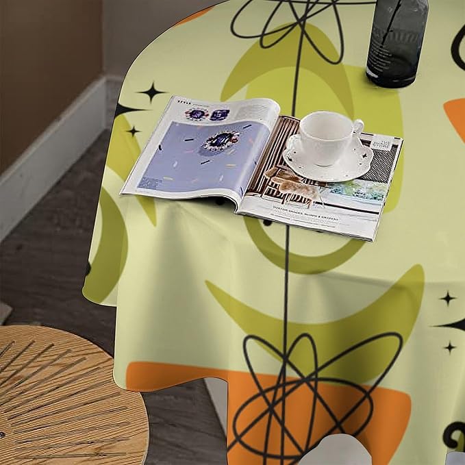 Mid Century Black Cat Round Tablecloth, Vintage Modern Bohemian Abstract Geometric Retro Art Tablecloth for Home Party Dining Room Kitchen Decor 70Inch(178cm)