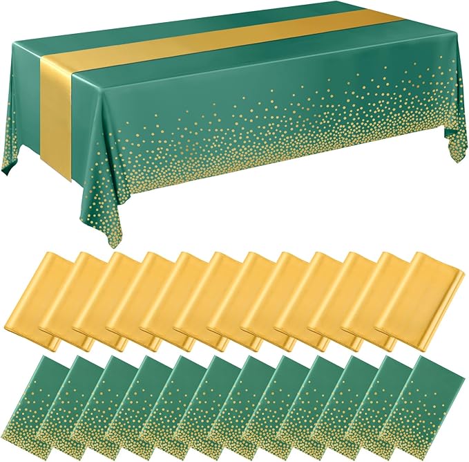 Breling 24 Pack Green and Gold Disposable Plastic Tablecloths and Satin Table Runner Set, 54 x 108 Inch Tablecloth, 12 x 108 Inch Table Runners for Wedding Graduation Birthday Baby Shower New Year