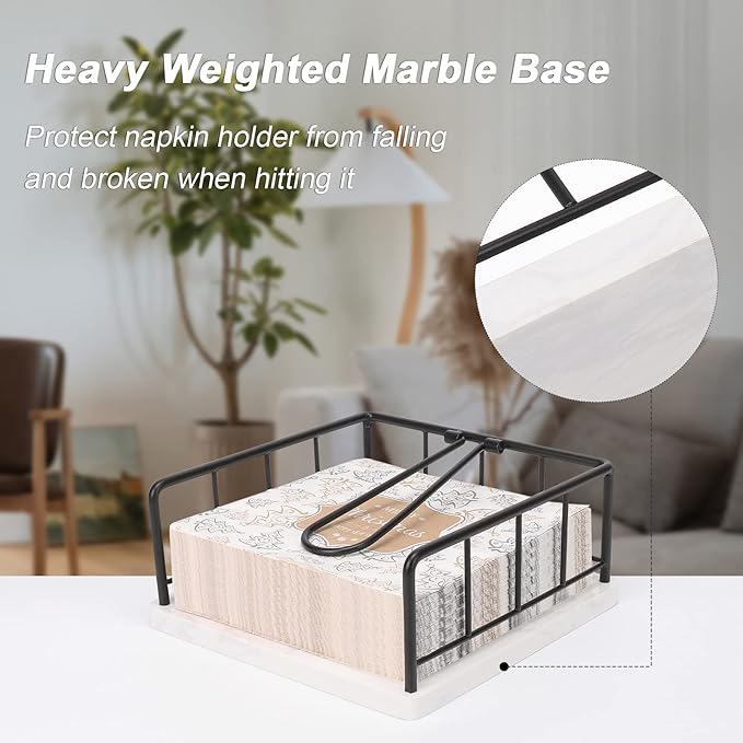 Livabber Flat Napkin Holder, Metal Kitchen Napkin Storage with Weighted Tension Arm Rustic Tissue Paper Dispenser for Countertop, Table Kitchen, Dining Room (With Marble Base, Black)