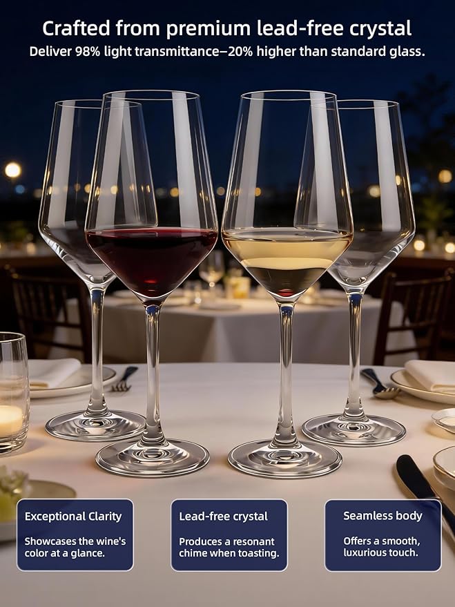 Wine Glasses Set of 4, Sturdy Crystal Wine Glasses for White wine, 14oz Modern Wine Glasses with Thin Rim, Short Stem, Gifts for birthday, housewarming, wedding, Valentine's Day