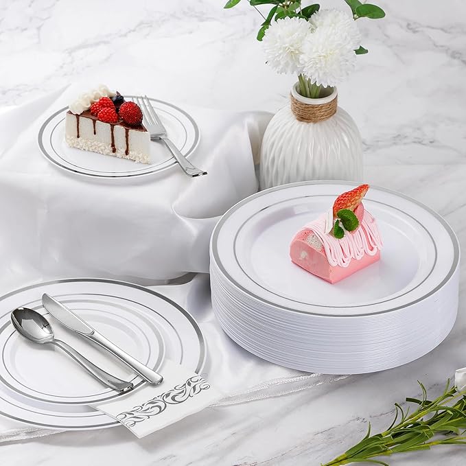 Goodluck 175 Piece Silver Dinnerware Set for 25 Guests, Plastic Disposable Plates for Party, Includes Dinner and Dessert Plates, Paper Napkins, Cups, Silverware Set