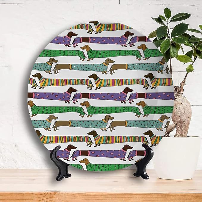 Ceramic Display Plate, Dog Lover Ceramic Hanging Decorative Plate, Cartoon Style Dachshunds Dressed in Pyjamas Chevron, 10 Inch, Living Room Kitchen Decoration Household, Multicolor