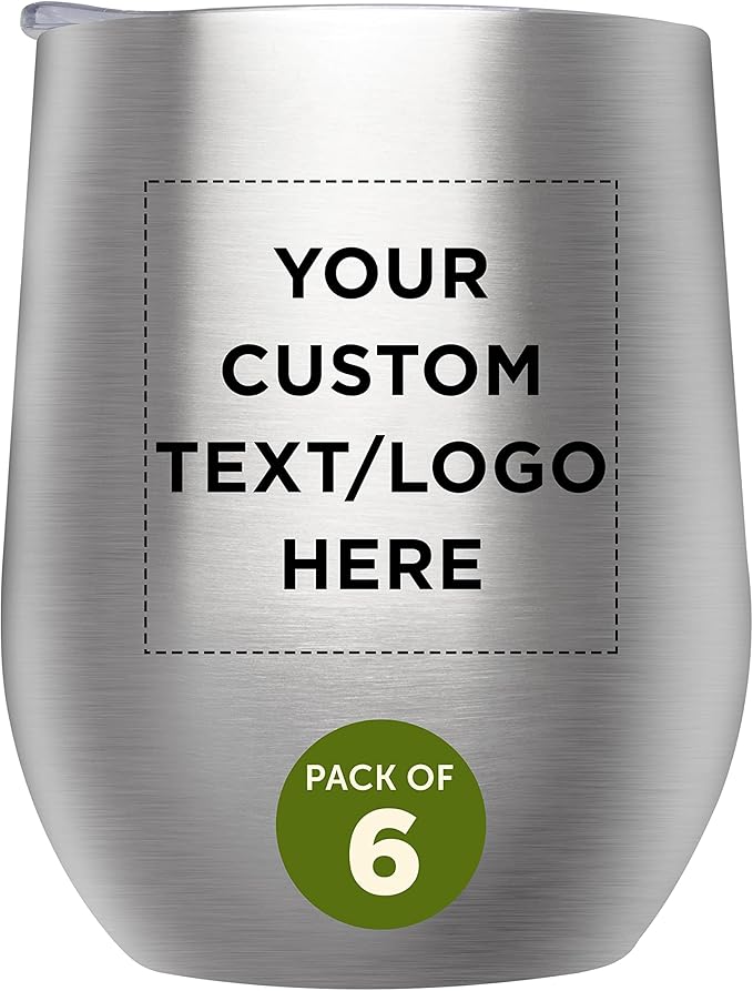 Custom Stemless Wine Glass Tumblers with Lids by Largo 11 oz. Set of 6, Personalized Bulk Pack - Perfect for Wine, Cocktails, Other Hot & Cold Beverages - Silver