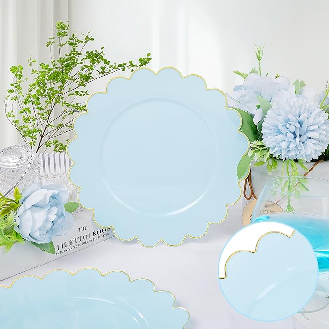 LIYH 100 Pcs Blue Plastic Plates - 7.5 Inch Scalloped Edges Disposable Dessert/Salad Plate- Blue with Gold Rim Premium Hard Appetizer Cake Plastic Plates for Party,Weddings,Bridal Shower