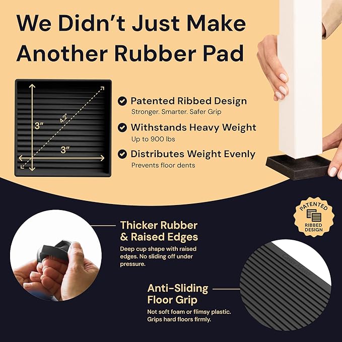 CasterMaster Square Rubber Caster Cups - Black, 3" x 3", Pack of 4 - Furniture Sliders for Hardwood Floors - Noise-Dampening Rubber Feet - Floor Protectors for Furniture