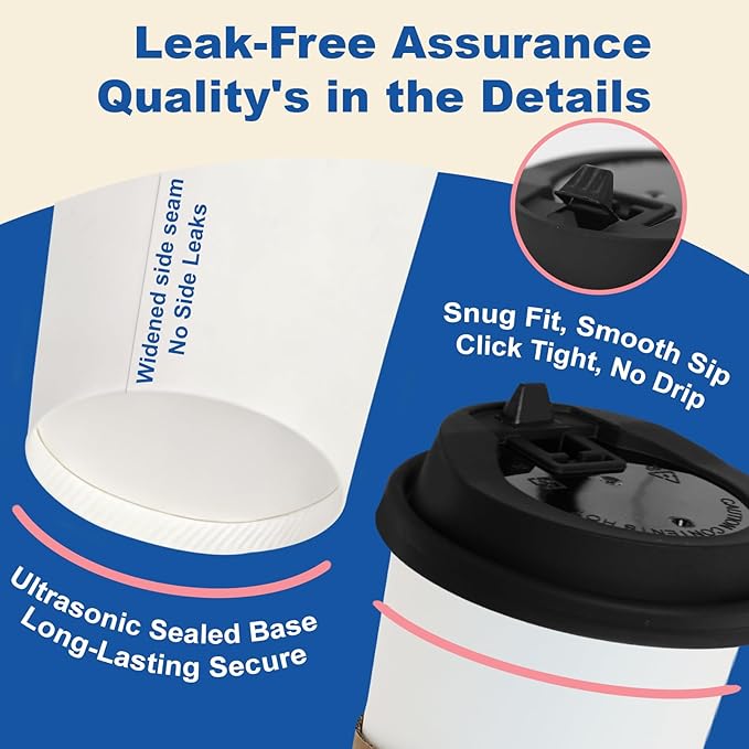 20 oz 300 Pack Coffee Cups with Lids and Sleeves, Straws, Hot Disposable To Go Travel Paper Cups Bulk for Office, Home Coffee Bar Accessories, Chocolate, Cocoa, Beverage (White)
