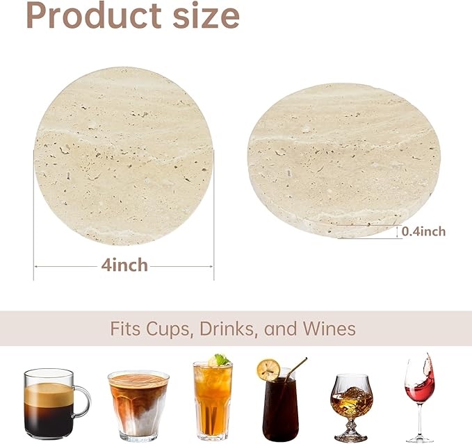 4-Inch Beige Travertine Coasters Set of 4 - Natural Limestone Absorbent Drink Coasters with Non-Slip Cork Backing, Protect Countertops from Stains and Scratches