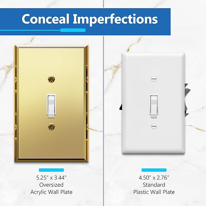 LIDER Reflective Acrylic Toggle Switch Wall Plate, Mirrored Light Switch Cover, Plexiglass Cover Plate, Acrylic Glass, Oversized 1-Gang 5.25" x 3.44", LWP-11O-AGD, Gold