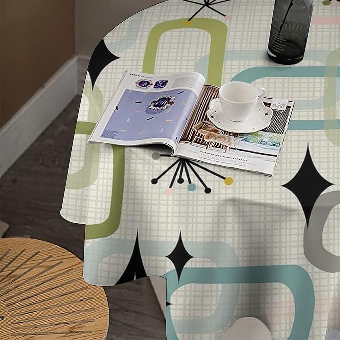 Mid Century Modern Round Tablecloth, Geometry Bohemian Retro Abstract Tablecloth for Home Party Dining Room Kitchen Decor 50Inch(127cm)