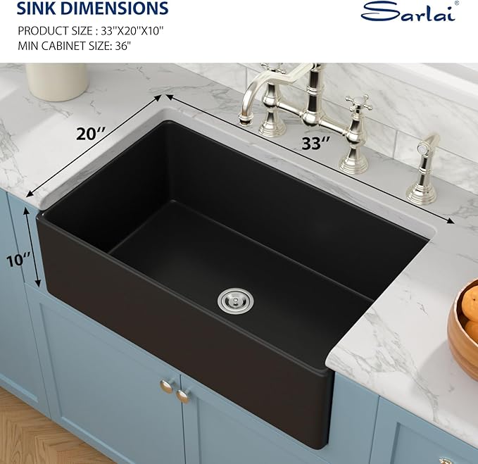Sarlai Black Farmhouse Sink - 33 Inch Kitchen Sink Apron Front Matte Black Fireclay Ceramic Porcelain Single Bowl Kitchen Farmer Sinks Basin