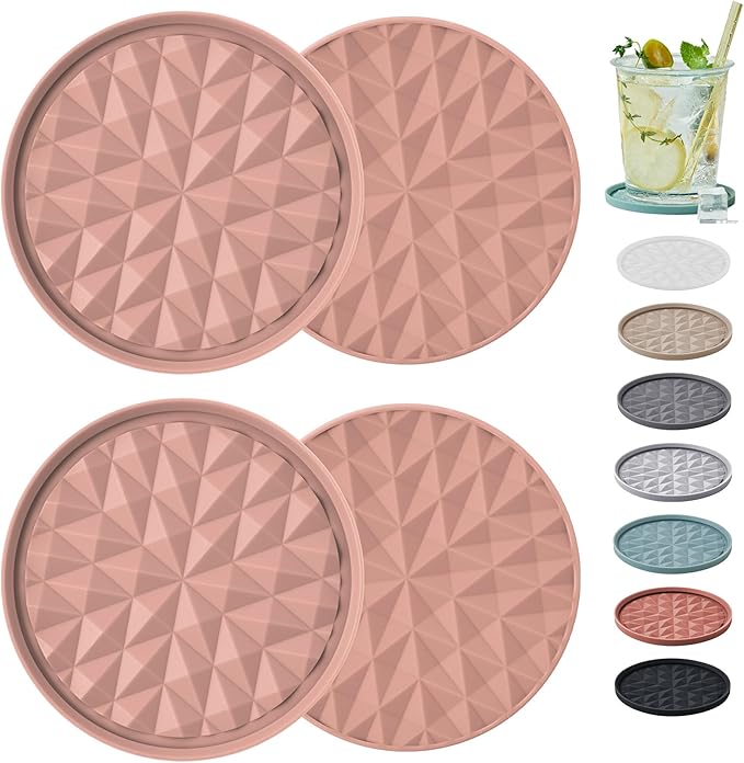Silicone Coasters for Drinks[4 Pack]- Cup Mat for Tabletop Protection-Non-Slip, Non-Stick, Coffee Table Decor, Great Gift for Any Occasion, Pink
