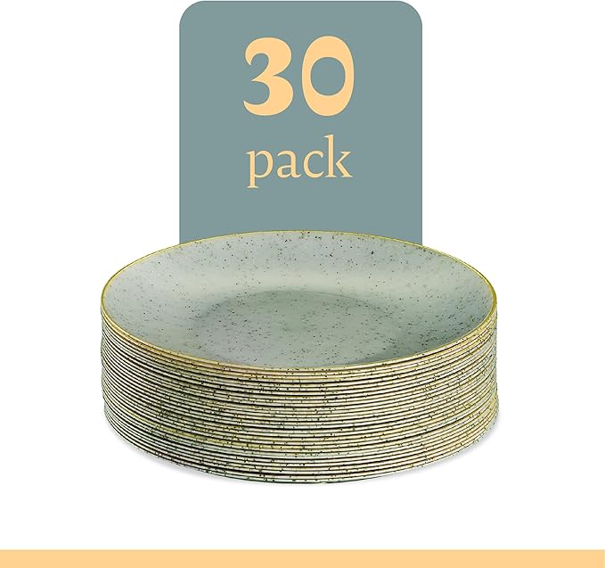 PLASTICPRO 30 Pack Disposable Plastic Plates Heavyweight Granite Look Elegant 7 inch Dinner Plates Green with Gold Rim