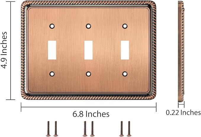 Henne Bery Rope Edge Decorative Wall Plate Switch Plate Outlet Cover (Triple Toggle, Antique Copper)