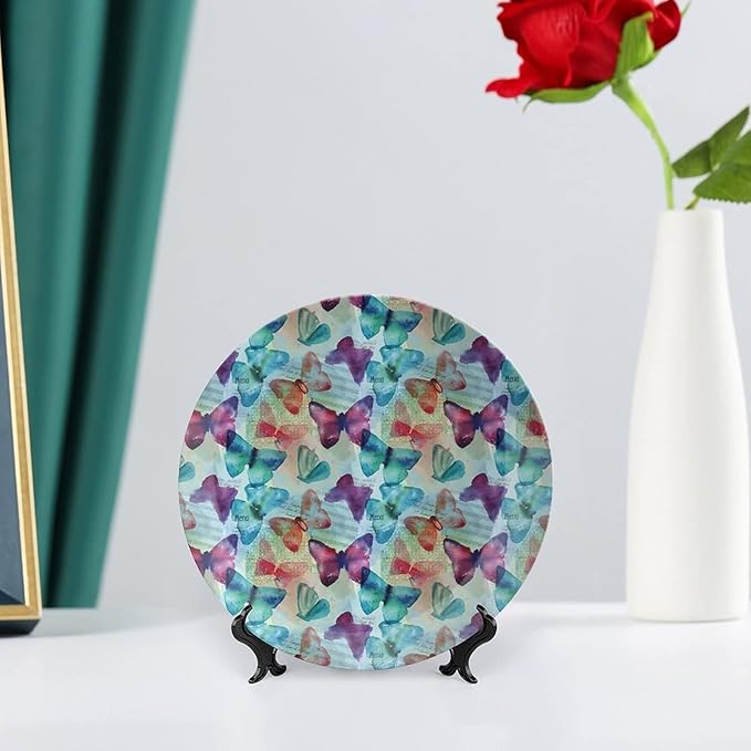Ceramic Plates, Abstract Decorative Ceramic Plates, Watercolor Rainbow Colored Butterflies and Letterings Music, 10 Inch, Household Plates Decorative, Multicolor