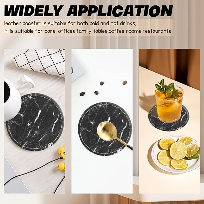 Coasters for Drinks PU Leather,Set of 6 with Holder,Round Housewarming Gift Home Decor,Black and White Marble