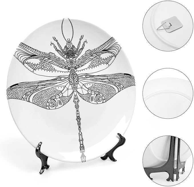 Ceramic Display Plate, Abstract Ceramic Hanging Decorative Plate, Animal Steampunk Dragonfly Pattern, 10 Inch, Living Room Kitchen Decoration Household, Black White