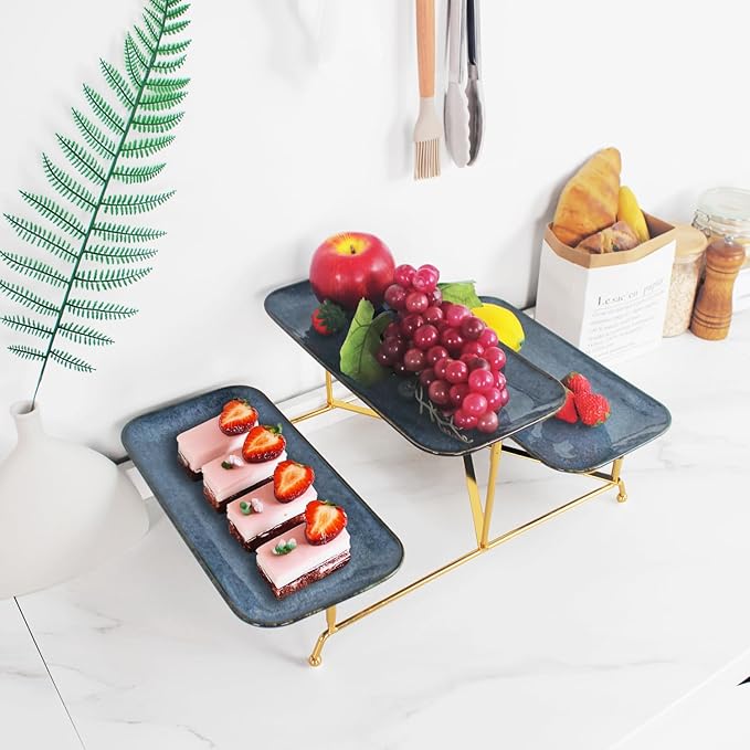 3 Tier Serving Trays for Party, 14.1 Inch Porcelain Serving Platters and Tiered Trays, Foldable Sturdy Gold Stand, for Food Display, Fruit, Cake Dessert, Decoration Entertaining, Blue