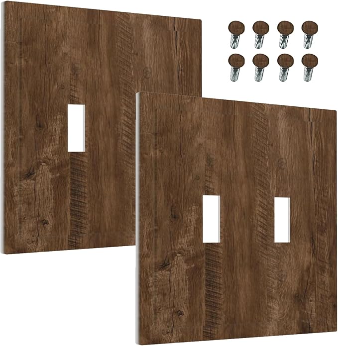 Decorative Light Switch Cover Brown Rustic Wood Grain Farmhouse 2 Gang Wall Plate Double Toggle Switch Plate Receptacle Electrical Outlet Cover Switchplate for Cabin Bedroom Decor（2 Pack）