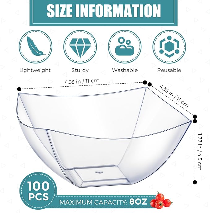 Sliner 100 Pcs Square Plastic Bowls 8 oz Plastic Serving Bowls Disposable Chip Containers for Parties Snack Fruit Candy Containers for Candy Buffet Salad Bar Buffet Party Supplies(Clear)