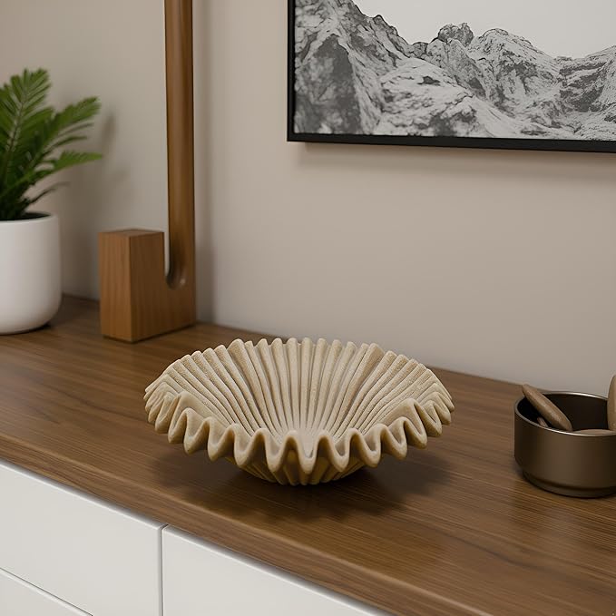Large Decorative Bowl decor, Scalloped Pedestal Bowls for Modern Home Decor,Ruffle Decor,Stylish Key Bowl for Entry Table,Decorative Fruit Bowl for Kitchen Counter,Artificial Stone Beige