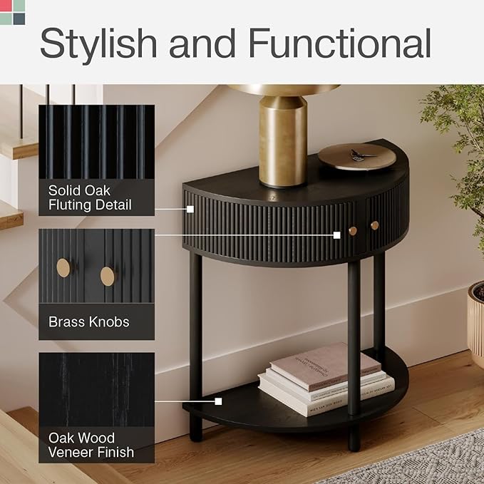 Entryway Table Fluted Half Moon Console - Semicircular, Black Oak Veneer - Hidden Storage with Two Fluted Doors & Brass Knobs - Modern Narrow Console Table for Living Room & Hallway