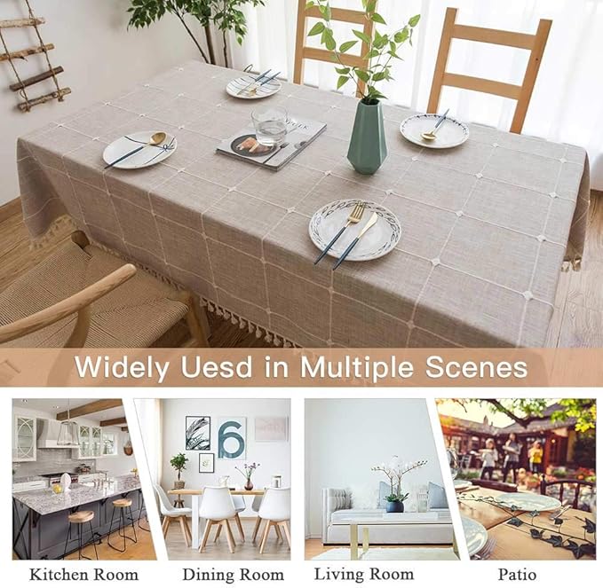 Deep Dream Tablecloths, Embroidered Waterproof Table Cloth Cotton Linen Wrinkle Free Anti-Fading Table Cover Decoration for Kitchen Dinning Party Christmas, 55 x 70 Inch - Light Brown