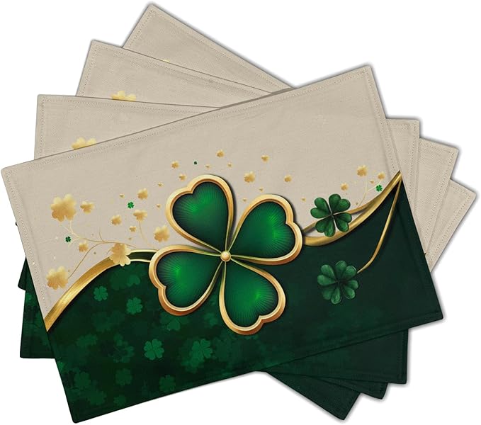 Green Shamrock Placemats - St Patricks Day Place Mats Set of 4 Clover Table Mats 12x18 for Party Dining Table