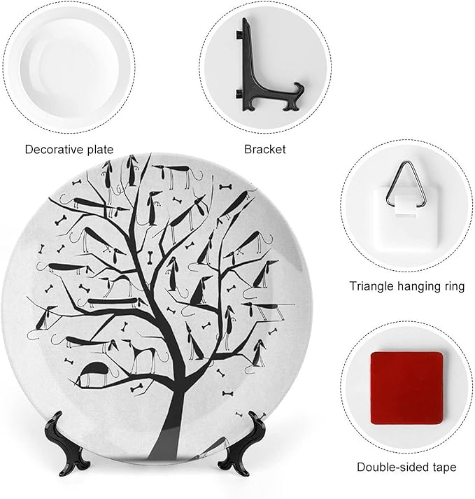 Decorative Plates, Abstract Print Ornament, Monochrome Autumn Season Tree with Dog on The Branches, 10 Inch, 1 Plate with 1 Display Stand, Black and White