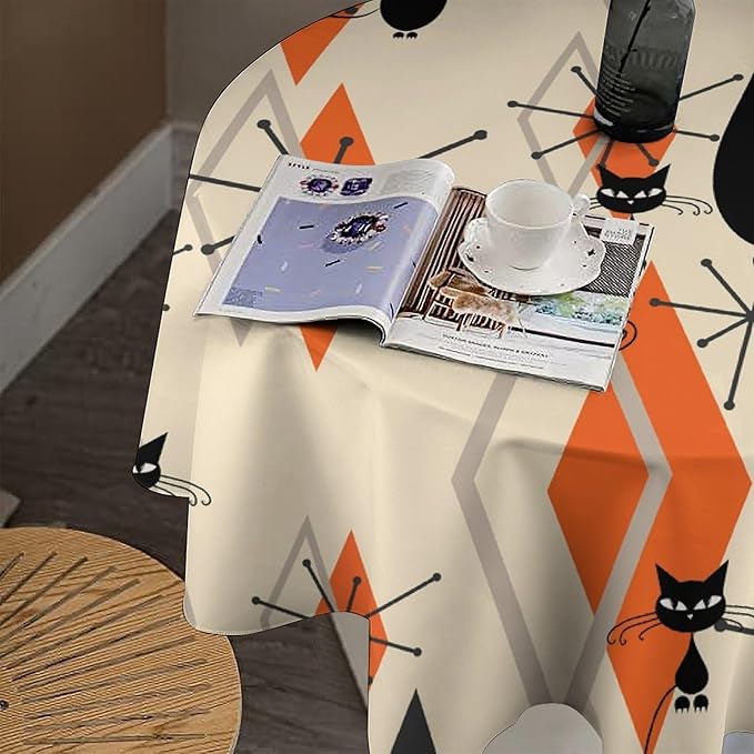 Retro Boho Modern Black Cat Round Tablecloth, Mid Century Boho Moon Abstract Geometric Leaf 50s 60s Style Tablecloth for Home Party Dining Room Kitchen Decor 70Inch(178cm)